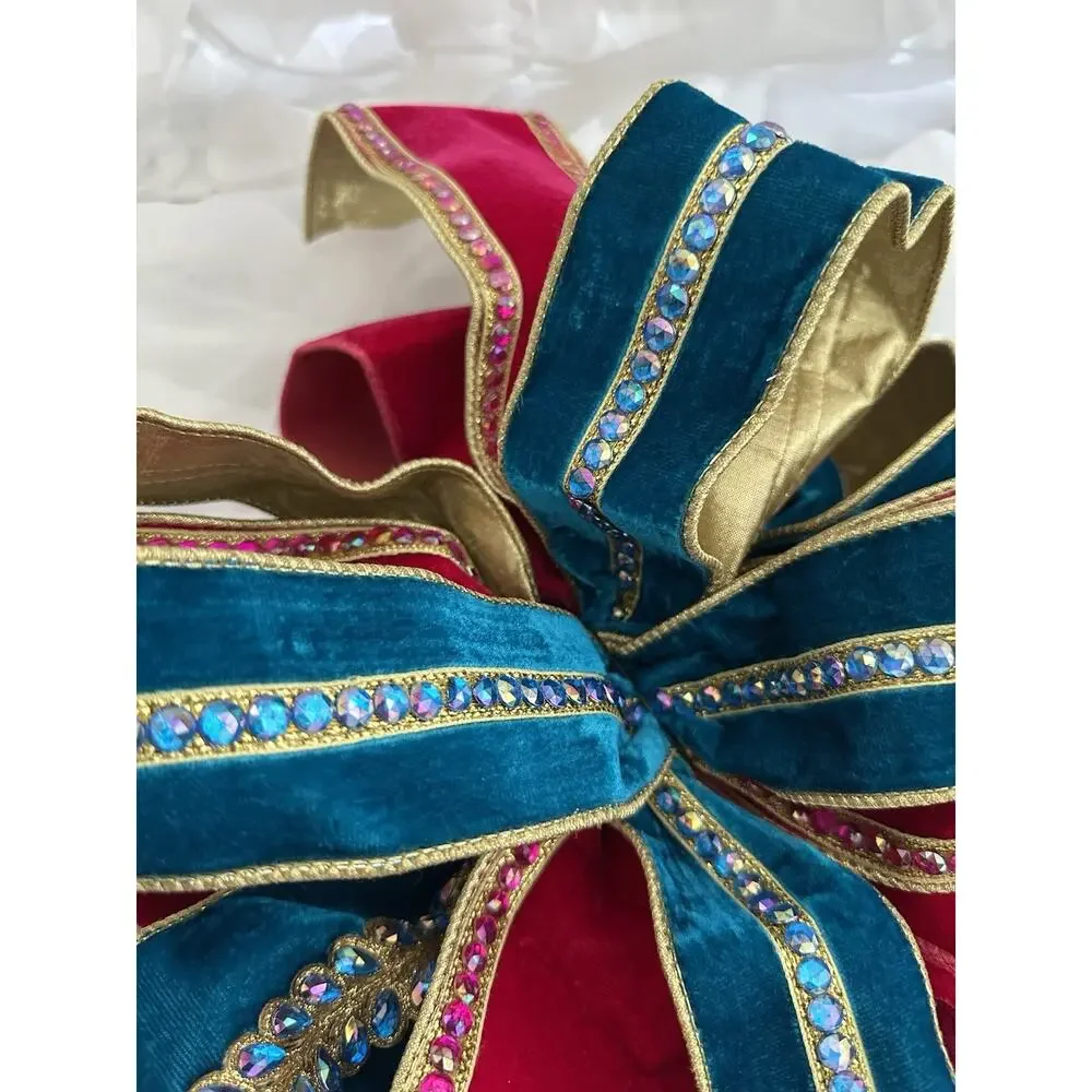 LARGE Handmade Velvet Crystal Christmas Bows Pink Blue Gold Tree Wreath Decor